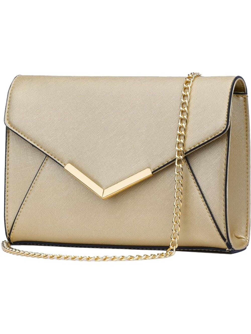 Women A Gold Faux Leather Envelope Clutch Purse Crossbody Chain Evening Bag